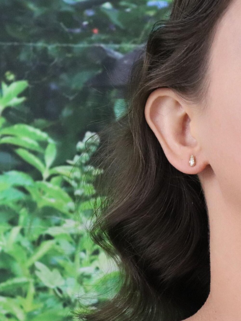 14k Yellow Gold Tiny Freshwater Keshi Pearl Earrings Studs 3/8" x 1/8" - Picture 2 of 7